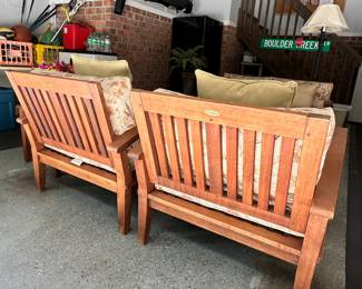 S138 - $250. Plow & Hearth Outdoor Solid Wood Patio Set. Includes Couch, (2) Chairs, and (2) end tables. The Cushions are in great condition. The framing of the couch has teething marks from a dog. The chairs luckily do not. Please see photos. Couch Dimensions: 53W x 31D x 29T / Chair Dimensions: 29W x 31D x 29T / End Tables: 18 x 18 x 17T