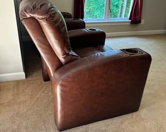 S53 - $600 - Lane Furniture. Home Theater Seating for six. Chairs recline and are equipped with cup holders for the ultimate at home movie experience. The leather is in good condition. No signs of damage. From a smoke free home. Still lots of life left in these luxurious pieces! Easily disassembles into 6 different pieces. 104"w x 34"d x 40t. PLEASE HAVE HELP TO MOVED THESE DOWN THE STAIRS.