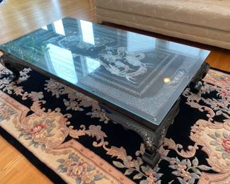 LOT 2: Large Rectangular Asian Mother-of-Pearl Black Lacquer Coffee Table. Comes with removable custom-made glass top to protect design and for functional use. Table Measurements: Width: 61.5". Depth: 35". Height: 14.5".  Condition: Very good commensurate with vintage age. 
