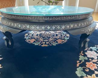 LOT 1: Large Round Asian Mother-of-Pearl Black Lacquer Coffee Table. Comes with removable custom-made glass top to protect design and for functional use.  Table Diameter: 45". Height: 15.5".                       Condition: Very good commensurate with vintage age.