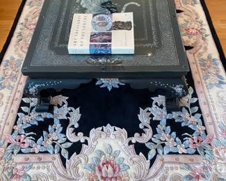 LOT 2: Large Rectangular Asian Mother-of-Pearl Black Lacquer Coffee Table. Comes with removable custom-made glass top to protect design and for functional use. Table Measurements: Width: 61.5". Depth: 35". Height: 14.5".  Condition: Very good commensurate with vintage age. 