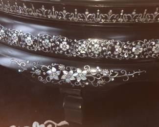 LOT 1: Large Round Asian Mother-of-Pearl Black Lacquer Coffee Table. Comes with removable custom-made glass top to protect design and for functional use.  Table Diameter: 45". Height: 15.5".                       Condition: Very good commensurate with vintage age.