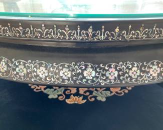 LOT 1: Large Round Asian Mother-of-Pearl Black Lacquer Coffee Table. Comes with removable custom-made glass top to protect design and for functional use.  Table Diameter: 45". Height: 15.5".                       Condition: Very good commensurate with vintage age.