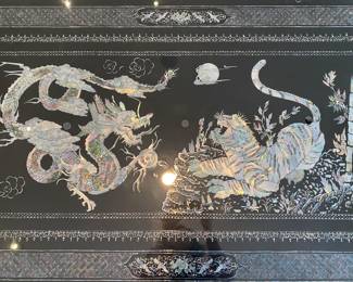 LOT 2: Large Rectangular Asian Mother-of-Pearl Black Lacquer Coffee Table. Comes with removable custom-made glass top to protect design and for functional use. Table Measurements: Width: 61.5". Depth: 35". Height: 14.5".  Condition: Very good commensurate with vintage age. 