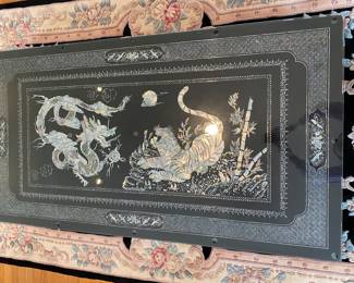 LOT 2: Large Rectangular Asian Mother-of-Pearl Black Lacquer Coffee Table. Comes with removable custom-made glass top to protect design and for functional use. Table Measurements: Width: 61.5". Depth: 35". Height: 14.5".  Condition: Very good commensurate with vintage age. 