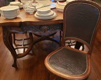 ANTIQUE DINING TABLE AND CHAIRS AND CHINA