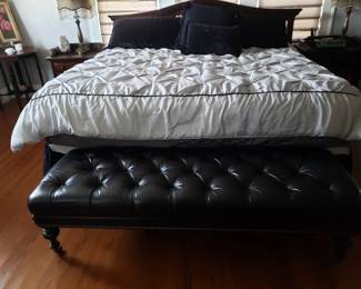 VINTAGE ETHAN ALLEN KING SIZE BED AND BLACK LEATHER BENCH