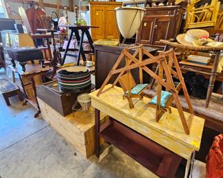 Painted tables, stands, benches