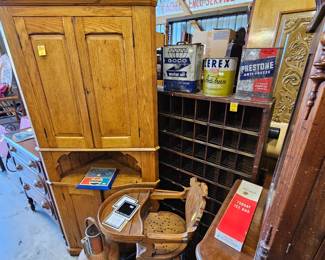 Nice small corner cabinet, postal cubby, gas & oil collectibles