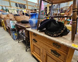 Marble top washstand, vintage hats