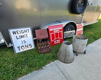 A few metal signs, oil bottle case, primitives