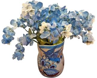 Mexican Blue Vase With Artificial Flowers
