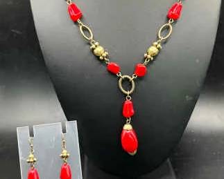Vintage Avon NRT Boho Red Lariat Necklace & Matching Earrings
