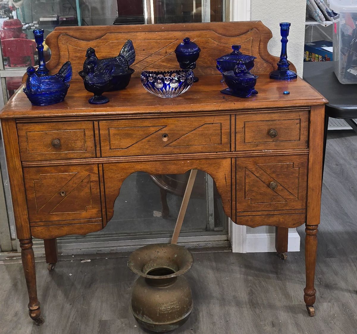 This house - 2 Garages Full!! Still working on pulling out items. Farmhouse Antique Sideboard- Lots of pretty Cobalt Blue Glass