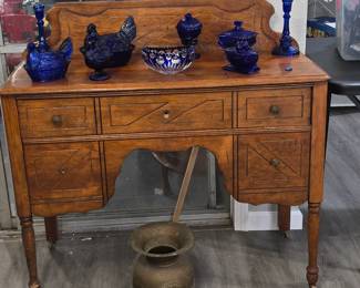 This house - 2 Garages Full!! Still working on pulling out items. Farmhouse Antique Sideboard- Lots of pretty Cobalt Blue Glass