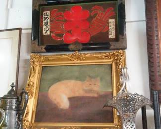 Cat painting, pierced silver wedding basket, Japanese lacquered panel