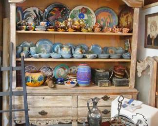 Antique French Provincial cupboard with Spanish Talavera plates, dishes and vases, Silver and Vintage Sombrero's