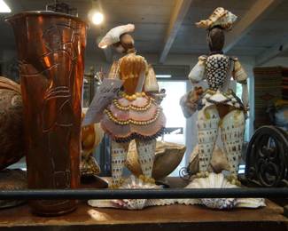 Shell art figures, Vintage Mid-Century Mexican copper pitcher