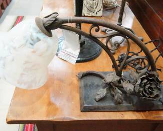 Vintage wrought iron and tin Rose motif light sconce with shade