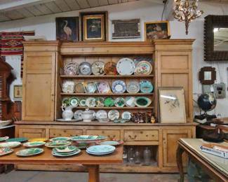 Antique French Pine Monumental Kitchen Cupboard with Majolica and Mexican plates