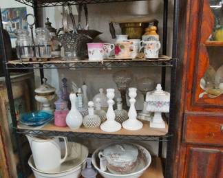 Milk-glass, hobnail and antique porcelain, shaving cups +