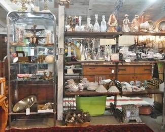 Collectibles, shell art porcelain, copper and brass mid-century desk pieces