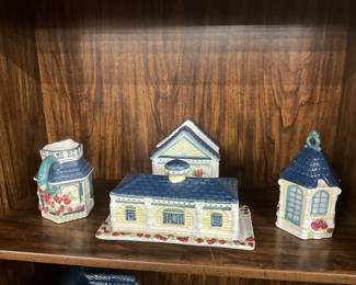Cracker Barrel Victorian House Ceramic Butter Dish w/Cover, Napkin Holder, Creamer & Covered Sugar Bowl