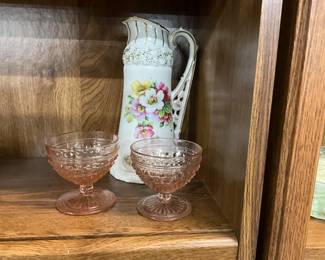 Royal Bruxonia Austria Ewer Porcelain Pitcher - Anchor Hocking Hobnail Pink Depression Glass Sherbert Glasses