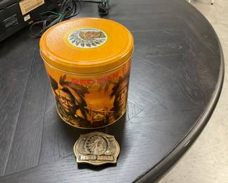 Red Man Tobacco Tin & Brass Belt Buckle