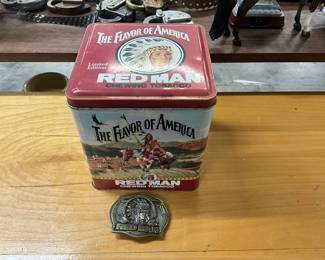 Red Man Tobacco Tin & Brass Belt Buckle