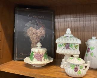 Grape Motif Ceramic Wedding Box Trinket Box, Butter Dish, Sugar Bowl W/Lid & Teapot
