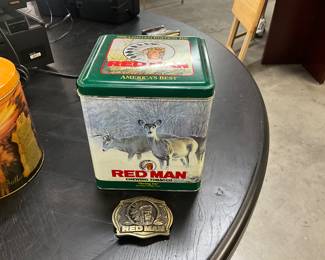 Red Man Tobacco Tin & Brass Belt Buckle