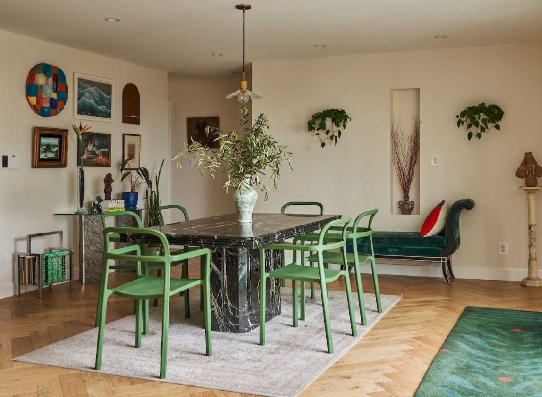 Vintage Italian marble dining table
Green ikea dining chairs (discontinued thus rare) - set of 8