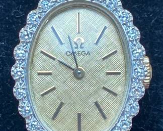 Vintage Ladies 14 Karat Yellow Gold Omega Watch With Diamonds