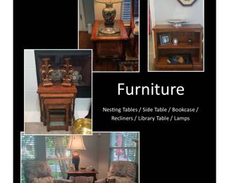 Lamps, Bookcase, Nesting Tables, Recliners, Library Table
