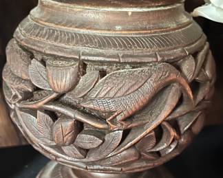 HAND CARVED WOODEN COVERED JAR