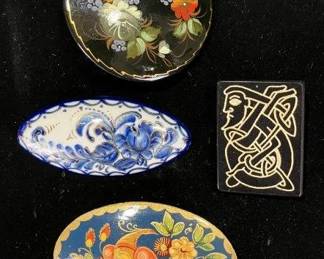 Four Fine Russian Brooch Pins Featuring Porcelain and Natural Motifs