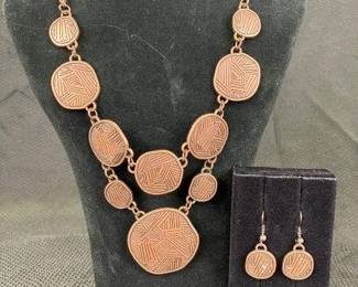 Coppertone Linear Diagonal Pattern Statement Necklace and Earrings