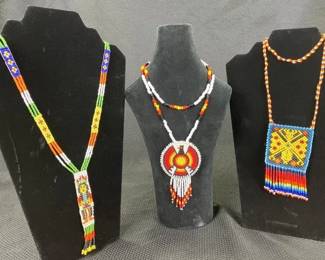 Group of Three Native American Beaded Necklaces Featuring Navajo Thunderbird