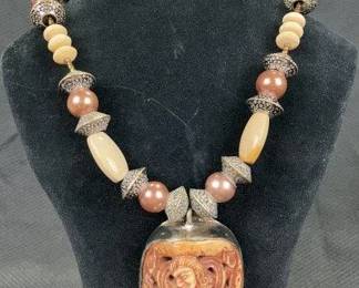 Lois S. Beiker Ivory-Style Figurative Carved and Beaded Necklace