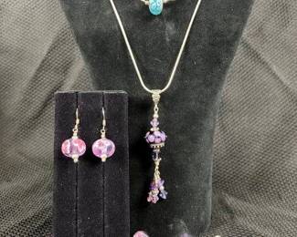 Floral Blown Glass Jewelry Collection with Sterling Silver Bracelet