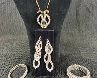 Vintage Emerald-Tone Stone and Rhinestone Jewelry Collection