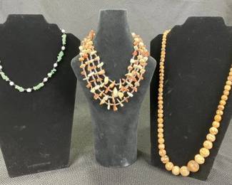 Necklace Trio Featuring Natural Wood Beads and Shell
