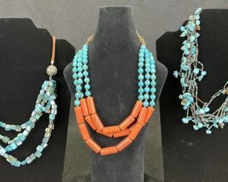 Necklace Trio Featuring Faux Blue Pearl, Turquoise, and Coral