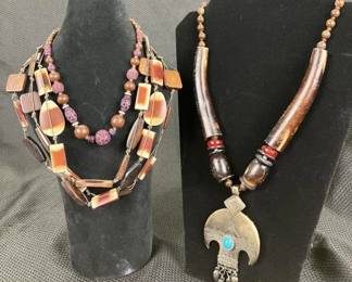 Jewelry Trio Featuring Southwestern Style Turquoise Stone, Brass, and Polished Horn Necklace