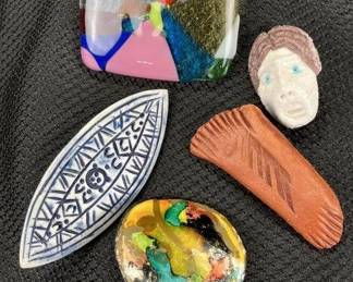 Theo Fine Art Brooch Pin Assortment Featuring Ceramic and Vibrant Art Glass, 20th Century
