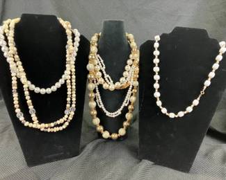 Costume Jewelry Necklace Assortment Featuring Gold Tone and Faux Pearl Elements