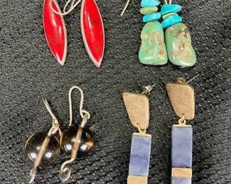 Group of Four Natural Stone Earrings Featuring Turquoise, Smoky Quartz, and Sterling Silver
