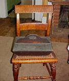 ONE OF 4 TIGER MAPLE CHAIRS AND 19THC CUTLERY BOX