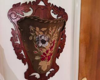 Antique Victorian carved wooden wall pocket with needlepoint